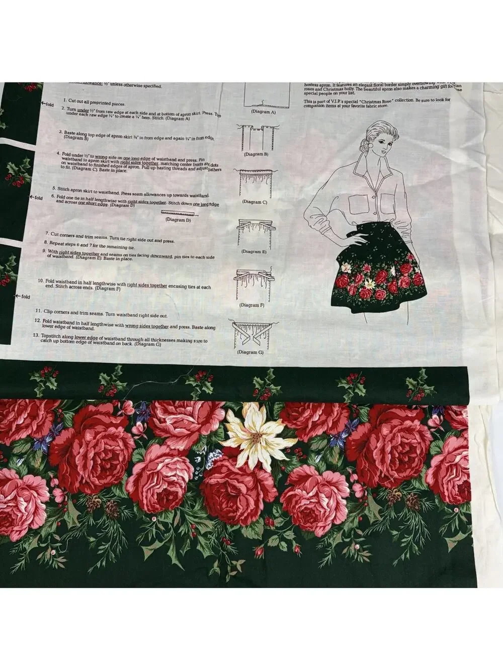 Vtg VIP Christmas Rose Apron Cut & Sew Fabric Panel Floral Holly Holiday Green